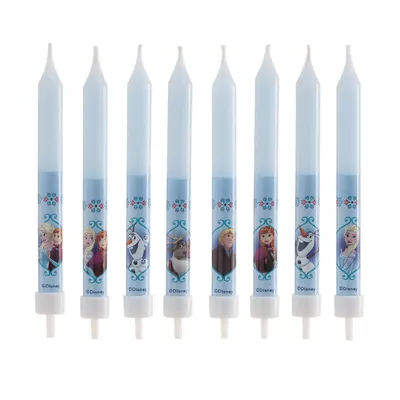 A set of eight Frozen-themed birthday candles arranged in a row against a white background.