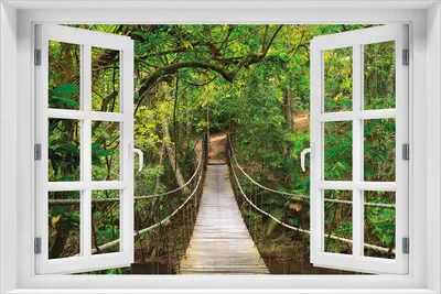 Produktbild von Wallario selbstklebendes Poster mit Fenster-Illusion - Hängebrücke im Urwald  grüner Dschungel, Größe: 61 x 91,50 cm