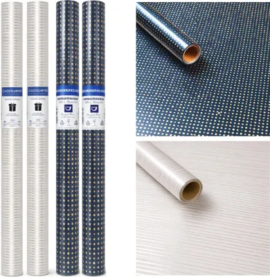Imagen del producto de Papel de regalo de lujo, 4 rollos: plateado y azul con dorado, 70 x 200 cm por rollo, papel de regalo resistente.