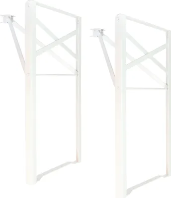 Two white metal table legs for a beer garden set.