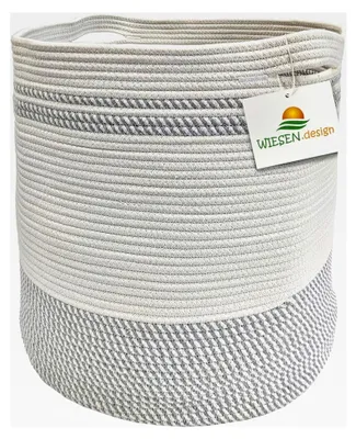 Produktbild von Korb Ben Ø41xH46 cm Hellgrau/Weiß/61 L, geflochtener Aufbewahrungskorb aus Baumwolle, für Kinderzimmer und Badezimmer, faltbarer Wäschekorb, Wäschesammler