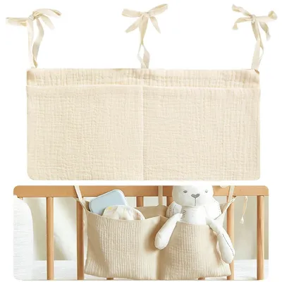 Produktbild von Hängeaufbewahrungstasche für Kinderbett – Aufbewahrungstasche für Bettkante – 2 Fächer – 38 x 18 cm – Beige