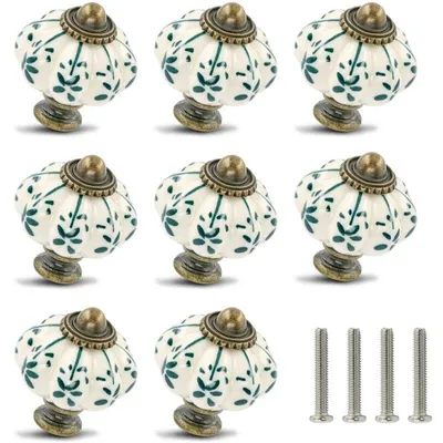 Produktbild von Set mit 12 elfenbeinfarbenen und grünen Keramikknöpfen – Kürbis-Schrankknöpfe, Retro-Kommodenknöpfe – Vintage-Schubladengriffe mit Schrauben