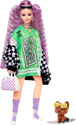 Produktbild von Barbie Extra Puppe in schwarz-weißer Rennwagejacke mit lila Haaren