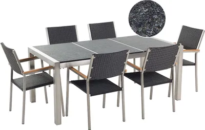 Zdjęcie produktu dla BELIANI Zestaw mebli ogrodowych jadalniany szary stół granit/bazalt 180 x 90 cm 6 czarnych krzeseł z technorattanu sztaplowanych