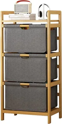 Image de Unyqoos® : Trieur de linge – Boîte de rangement pour linge en bambou, avec 3 compartiments et sacs en tissu, dimensions 45 x 32 x 96 cm, panier à linge pour salle de bain et chambre