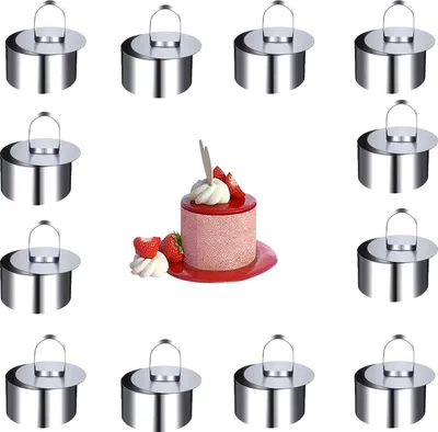 Produktbild von 12 Stück Dessertringe und Speiseringe, Kuchenringe Set, Edelstahl Kuchen Ringe, Kleine Tortenringe, Dessert Formen mit Pusher für oder Kochen Pfannkuchen Kekse Dessert