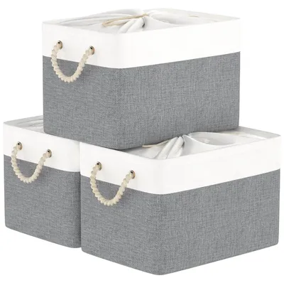Produktbild von 3-teiliges Set Aufbewahrungskörbe aus Stoff, faltbare Aufbewahrungsboxen mit Kordelzugdeckel und 2 Griffen, Aufbewahrungskörbe für Schränke und Regale, 38 x 28 x 26 cm