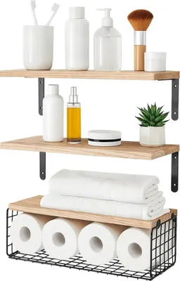 Produktbild von Harbour Housewares 3er-Set rustikale Badezimmerregale aus Holz mit Drahtkorb
