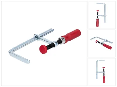 A single F-clamp with a red handle and silver metal body is shown against a white background. The clamp is angled to show its structure.