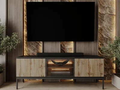 Produktbild von GrainGold TV-Schrank Deo - RTV-Schrank, RTV-Tisch, Lowboard, Wohnwand Modern, LED-Beleuchtung - TV-Schrank Graphit, Eiche Wotan