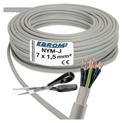 Produktbild von EBROM - 20 Meter NYM-J 7x1,5 mm2 mit NUMMERIERTEN Adern - Installationskabel - Mantelleitung - Installationsleitung - grau