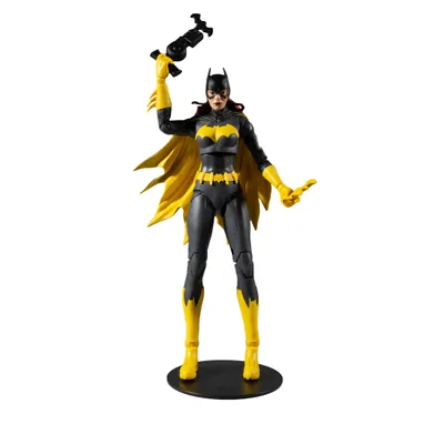 A Batgirl action figure standing on a black display base.