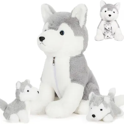 Productafbeelding van Husky Knuffeldier met 2 Baby's - Zacht Pluche 40 cm