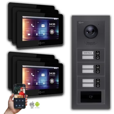 Produktbild von Goliath 2-Draht BUS Video Türsprechanlage: 6 Familienhaus, RFID, Anthrazit : Unterputzdose : 7 Zoll in Schwarz Monitor Auswahl: 7 Zoll in Schwarz Türklingel Montagedose: Unterputzdose