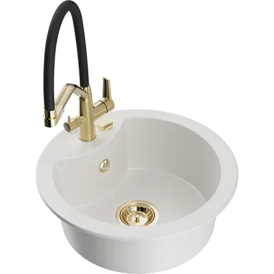 Zdjęcie produktu dla Mexen Diego zlewozmywak granitowy 1-komorowy z baterią kuchenną Duo, biały - 6512-20-671701-57-G
