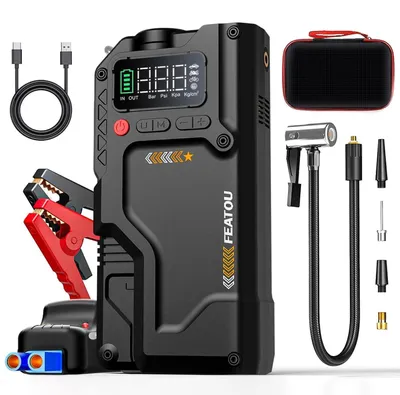 Immagine prodotto di Power bank con compressore di avviamento 6500A, booster da 12V per auto a benzina/diesel, pompa d'aria da 150 PSI, luce LED da 500 lumen, colore nero