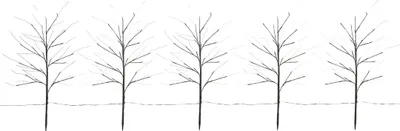 A row of five bare LED trees against a white background.