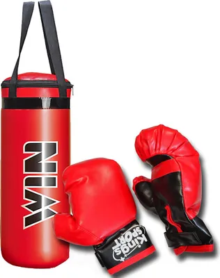 A boxing set for children, including a punching bag and gloves, displayed against a white background.