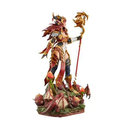 A detailed statue of the dragon queen Alexstrasza from World of Warcraft, standing on a rocky base with dragon eggs and a small dragon.