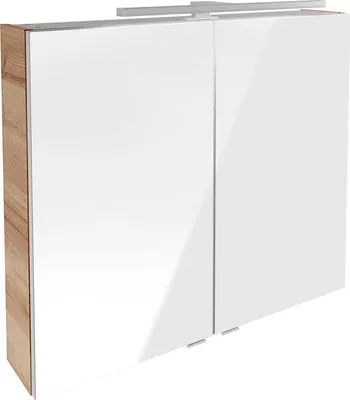 A product shot of a bathroom cabinet with mirrored doors and wood-effect sides.