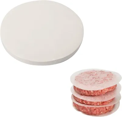 Produktbild von Burgerpapier – Set mit 100 Stück – Runde Backpapierbögen – Antihaftbeschichtung – Backpapier für Burgerpressen – Fettbeständig – 11 cm