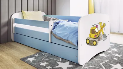 Produktbild von Kinderbett Jugendbett Bagger 70x140, 80x160, 80x180 cm - Komplettset mit Schublade & Rausfallschutz