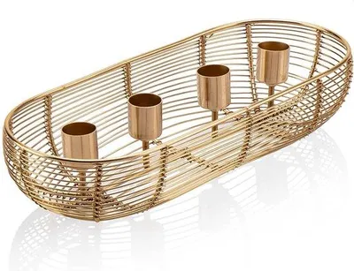 Produktbild von Unyqoos® Kerzenhalter 4-flammig aus Metall – goldfarbene ovale Draht-Laterne, Tischleuchter für Stabkerzen Ø 2 cm, 28,5×12×6 cm