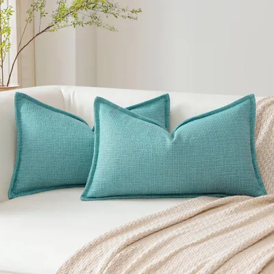Productafbeelding van Set van 2 kussenslopen van linnen, 30 x 50 cm, effen turquoise kleur