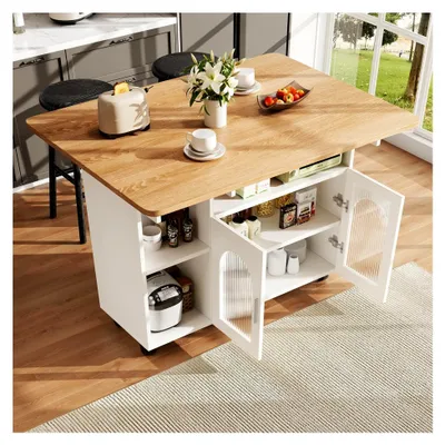 Produktbild von Mobile Kücheninsel mit klappbarer Tischplatte, Buffetschrank und Küchenwagen mit Rollen, Multifunktionaler Speisewagen, Weiß und Holzton
