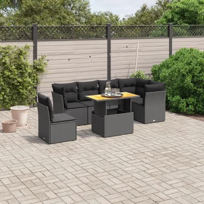 Produktbild von Design 7-tlg. Garten-Sofagarnitur mit Kissen Schwarz Poly Rattan, Gartenmöbel-Sets 2024 Neu
