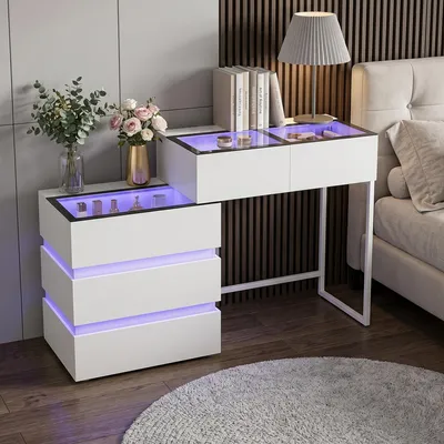 Produktbild von VANITII Schminktisch mit Beleuchtung LED 5 Schubladen Weiβ 130 x 40 x 81 cm