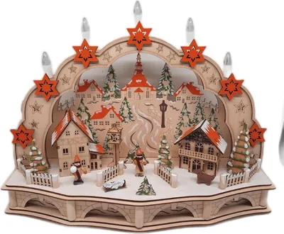 Produktbild von LED Schwibbogen Holzkunst Schwibbogen Sockel Seiffener Kirche Echtholz Schwibbogen Lichterbogen, Timer Weihnachtsdeko Fenster