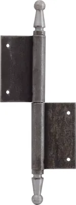 A single door hinge with decorative finials on a white background.