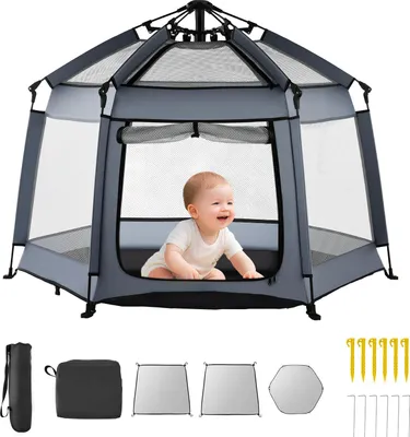 Produktbild von VEVOR Baby Laufgitter 150x150x106 cm, Laufstall für Kleinkinder mit Baldachin, Spielstall, tragbarer Spielplatz mit LSF 50+ Sonnenschutz & Reisetasche für Zuhause, Park, Strand, faltbar & leicht