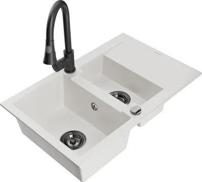 Immagine prodotto di Mexen Gaspar lavello in granito 1,5 vasche con sgocciolatoio e rubinetto da cucina Elia, bianco - 6507-20-670101-70