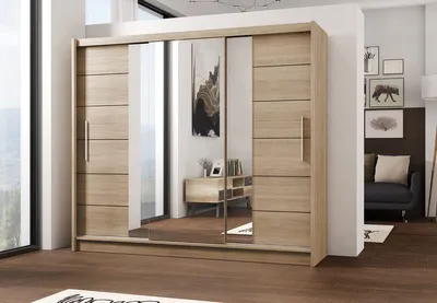Produktbild von Lizbona Schiebeschrank 250 cm mit Spiegel, Kleiderschrank Schlafzimmer, Wohnzimmer- 250 x 215 x 61 Farbe: Sonoma, Schwebetürenschrank mit 1 Kleiderstange, Ablagen und 2 Schubladen