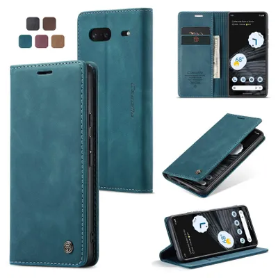 A collage of images showcasing a dark cyan blue leather flip case for a Google Pixel 7 phone, with different angles and views of the case and phone.