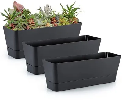 Produktbild von Garten-Set aus 3 modernen Blumenvasen für Fettblumen - Rechteckiges Design mit Abwasserlöchern