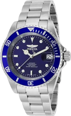 A close-up shot of a men's wristwatch with a blue dial and a stainless steel band.