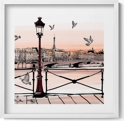 Produktbild von Sonnenuntergang über der Seine– Wandbild mit Rahmen – Gerahmtes Bild  – Wanddekoration – 50x50 cm –  Weiß Rahmen