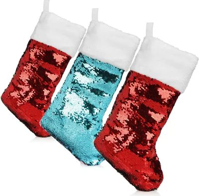 Produktbild von COM-FOUR® 3x Premium Weihnachtsstrumpf XL mit Wendepailletten - Nikolausstiefel zum Aufhängen - Weihnachtsdekoration zum Befüllen - Nikolausstrumpf 42 x 22 cm