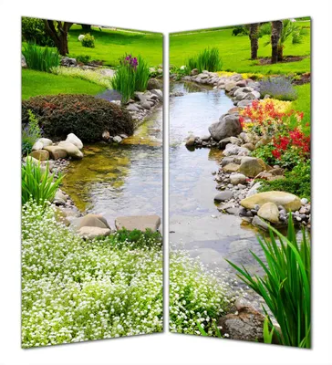 Produktbild von Wallario selbstklebende Duschrückwand 180 x 180 cm mit Motiv Blumen am Teich - Wandverkleidung mit Hochglanzlaminat in Glasoptik