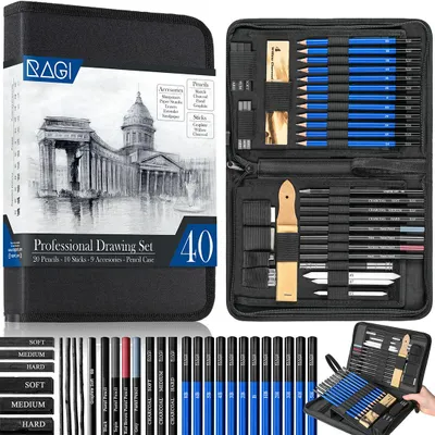 A professional drawing set is displayed, open and closed, with various art supplies.