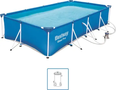 A rectangular above-ground swimming pool with a blue liner and white frame, filled with water. A filter pump is connected to the side.