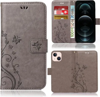 A collage of images showing a grey flip phone case with a floral and butterfly design, with some images showing the inside of the case with card slots and a phone.