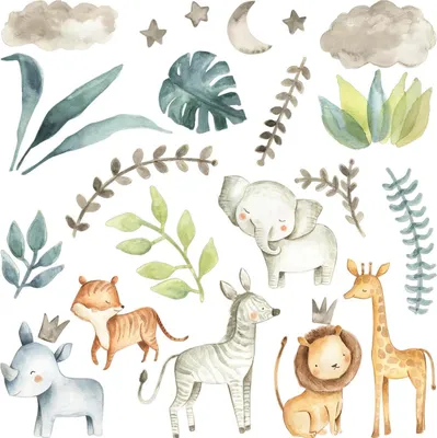 Produktbild von Wandaufkleber Kinderzimmer – Wandsticker für Baby & Kinder – Selbstklebende Wanddekoration – Abnehmbar ohne Rückstände – Deko für Mädchen & Jungen - Pastellfarbene Aquarelle mit Wildtieren100x158 cm