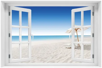 Produktbild von Wallario Premium Glasbild mit Fensterrahmen, freischwebende Optik, kräftige Farben, Größe 60 x 90 cm Motiv Sonnenliege am weißen Strand unter blauem Himmel