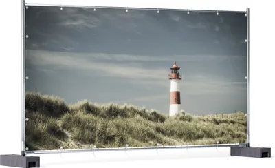 Produktbild von Wallario XXL Outdoor-Poster für Garten oder Balkon, Motiv Leuchtturm auf der Düne am Strand, in ca. 340 x 173 cm