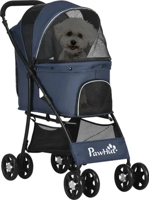 Immagine prodotto di PawHut passeggino per cani, passeggino pieghevole per cani, carrello per cani con cuscino, passeggino per gatti, carrello per gatti con 4 ruote, finestra a rete, spazio per cani di piccola taglia, gatti, 600D Oxford, blu navy